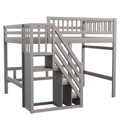 Lit Mezzanine 140x200 Cm En Bois Massif Avec Escalier De Rangement, Gris