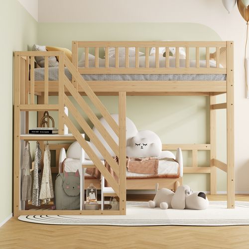 Lit Mezzanine 140x200 Cm En Bois Massif Avec Escalier De Rangement, Couleur Bois