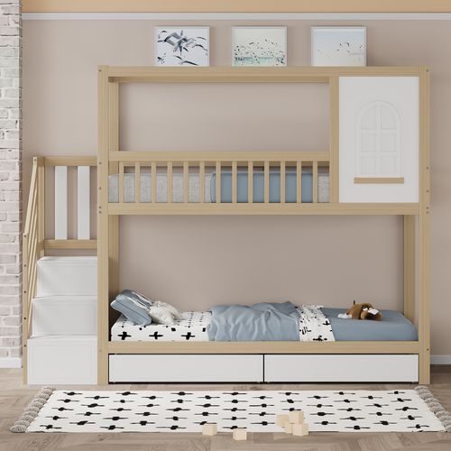 Lit Superposé Enfant 90x200 Cm En Bois Massif Style Maison Avec Tiroirs Et Sécurité