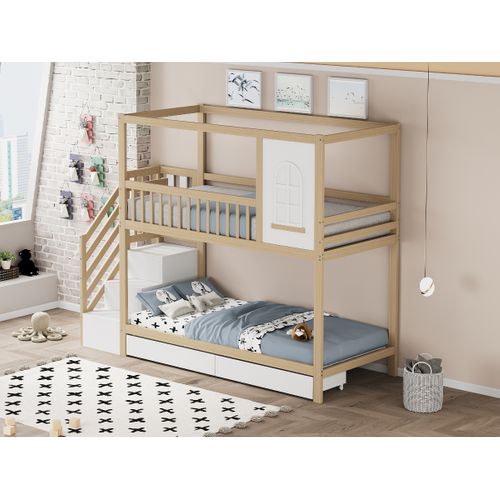 Lit Superposé Enfant 90x200 Cm En Bois Massif Style Maison Avec Tiroirs Et Sécurité