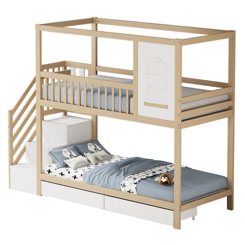 Lit Superposé Enfant 90x200 Cm En Bois Massif Style Maison Avec Tiroirs Et Sécurité