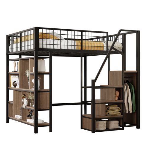 Lit Mezzanine Multifonction 140x200 Cm Adulte Et Enfant Avec Rangements Noirs