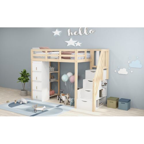 Lit Mezzanine 90x200 Cm Bois Massif Avec Tiroirs, Étagères Et Escalier Sécurisé