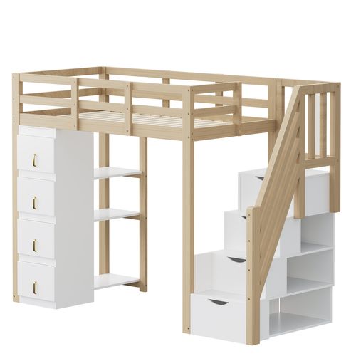Lit Mezzanine 90x200 Cm Bois Massif Avec Tiroirs, Étagères Et Escalier Sécurisé