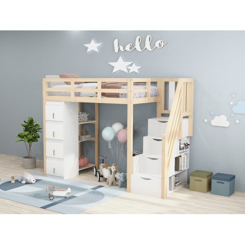 Lit Mezzanine 90x200 Cm Bois Massif Avec Tiroirs, Étagères Et Escalier Sécurisé