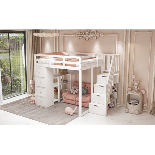 Lit Mezzanine 140x200 Cm Bois Massif Avec Tiroirs, Étagères Et Escalier Sécurisé