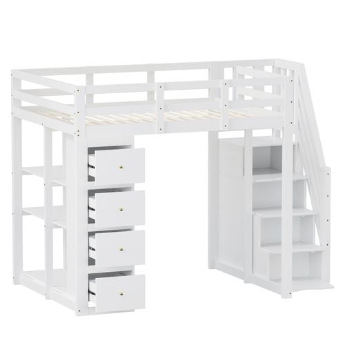 Lit Mezzanine 140x200 Cm Bois Massif Avec Tiroirs, Étagères Et Escalier Sécurisé