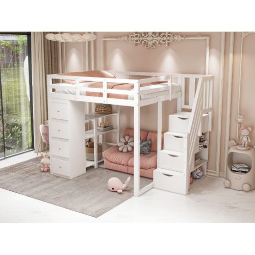 Lit Mezzanine 140x200 Cm Bois Massif Avec Tiroirs, Étagères Et Escalier Sécurisé