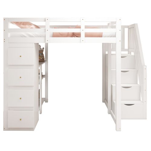 Lit Mezzanine 140x200 Cm Bois Massif Avec Tiroirs, Étagères Et Escalier Sécurisé