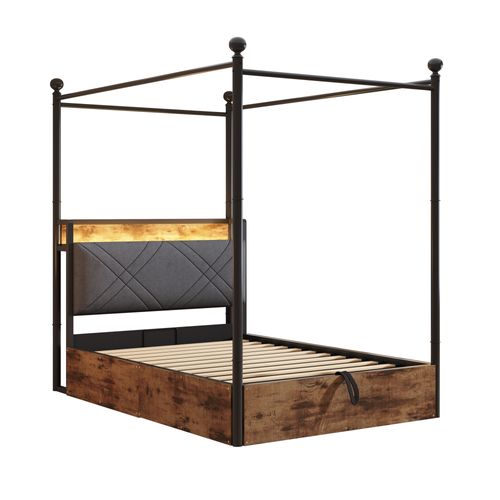 Lit 90×190 Cm En Métal Noir Avec LED, USB/type-c Et Rangement Hydraulique