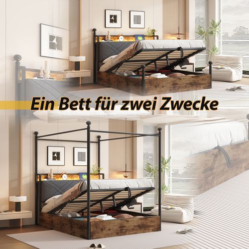 Lit Double 140×190 Cm En Métal Avec LED, USB/type-c Et Rangement Hydraulique