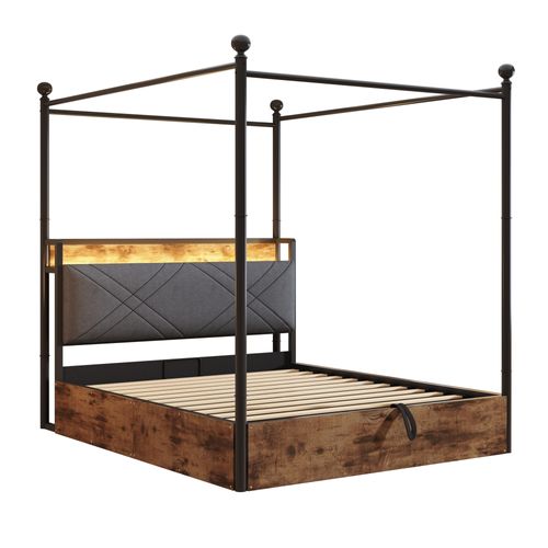 Lit Double 140×190 Cm En Métal Avec LED, USB/type-c Et Rangement Hydraulique