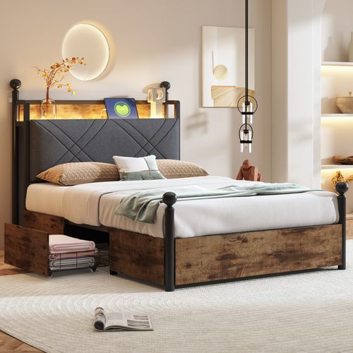 Lit Simple 90×190 Cm En Métal Avec LED, USB/type-c Et Rangement Pratique