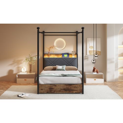 Lit Simple 90×190 Cm En Métal Avec LED, USB/type-c Et Rangement Pratique