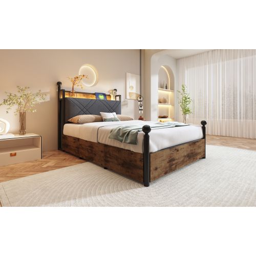 Lit Simple 90×190 Cm En Métal Avec LED, USB/type-c Et Rangement Pratique