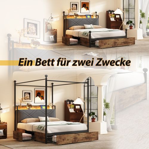 Lit Double 140×190 Cm En Métal Avec LED, USB/type-c Et Tiroirs Intégrés