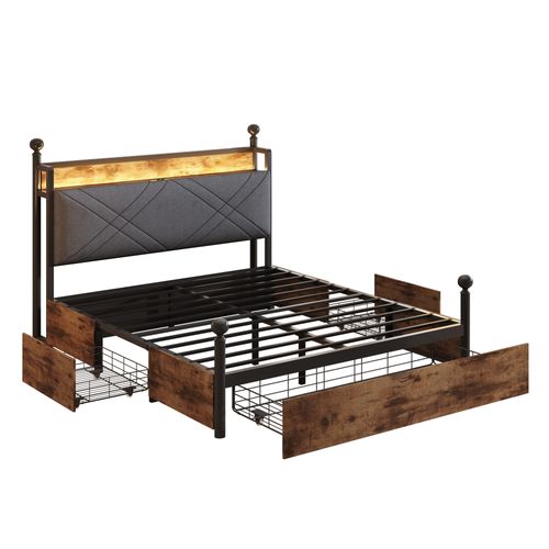 Lit Double 140×190 Cm En Métal Avec LED, USB/type-c Et Tiroirs Intégrés