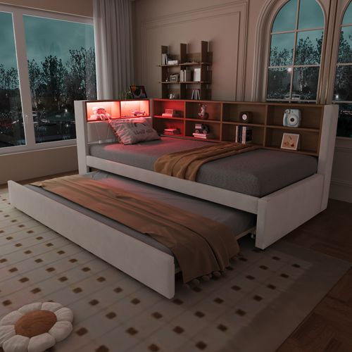 Canapé-lit 90×200 Cm Avec Lit Gigogne 90×190 Cm, LED Et Rangements