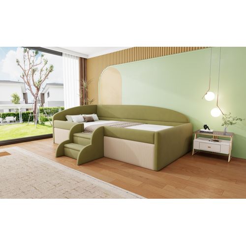 Lit Enfant 90×190 Cm En Velours Multifonction, Garde-corps Et Marches Vert Foncé/crème