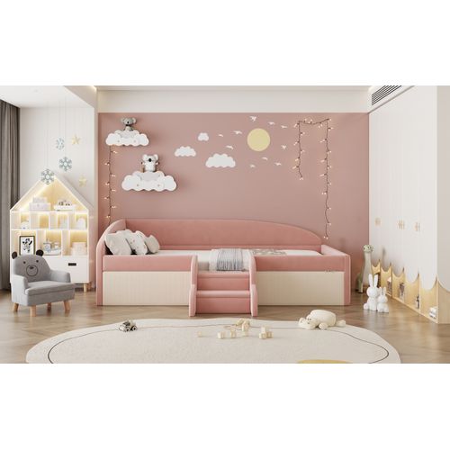 Lit Enfant 90×190 Cm En Velours Multifonction, Marches Et Garde-corps Rose/crème