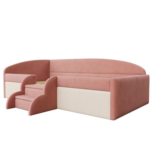 Lit Enfant 90×190 Cm En Velours Multifonction, Marches Et Garde-corps Rose/crème