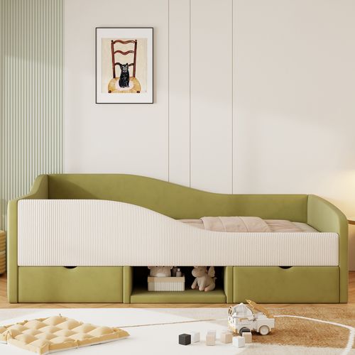 Lit Enfant 90×190 Cm Multifonction En Velours Avec Tiroirs Et Garde-corps Vert/crème