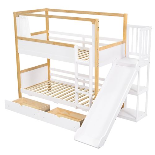 Lit Superposé Enfant 90×200 Cm Avec Toboggan, Rideau Et Tiroirs Blancs/naturels