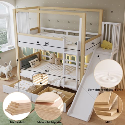 Lit Superposé Enfant 90×200 Cm Avec Toboggan, Rideau Et Tiroirs Blancs/naturels