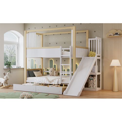 Lit Superposé Enfant 90×200 Cm Avec Toboggan, Rideau Et Tiroirs Blancs/naturels