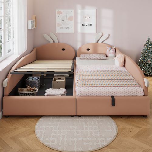 Lit Enfant Combiné Avec Tête Lapin, Rangement Hydraulique, 90×200cm X2