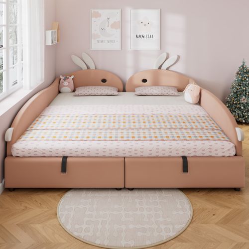 Lit Enfant Combiné Avec Tête Lapin, Rangement Hydraulique, 90×200cm X2