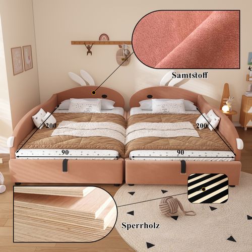 Lit Enfant Combiné Avec Tête Lapin, Rangement Hydraulique, 90×200cm X2