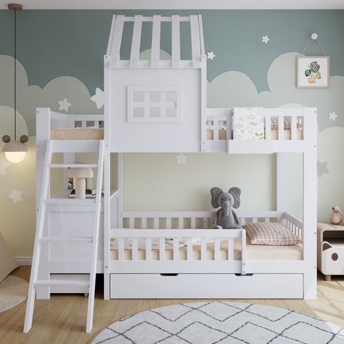 Lit Superposé Enfant 90x200 Cm Avec Toit, Fenêtres, 2 Tiroirs, Table De Lecture Et Panier – Blanc