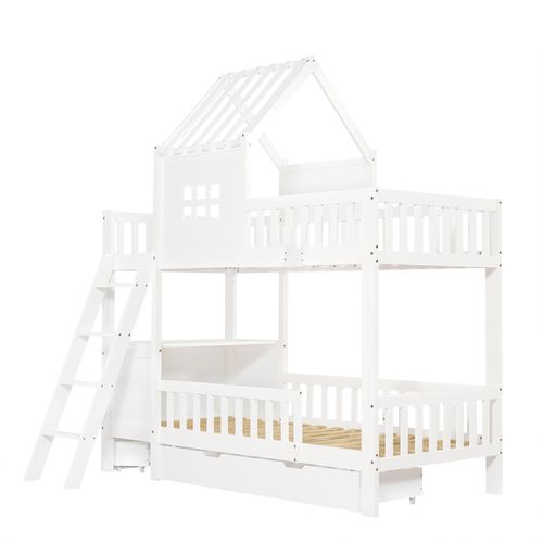 Lit Superposé Enfant 90x200 Cm Avec Toit, Fenêtres, 2 Tiroirs, Table De Lecture Et Panier – Blanc