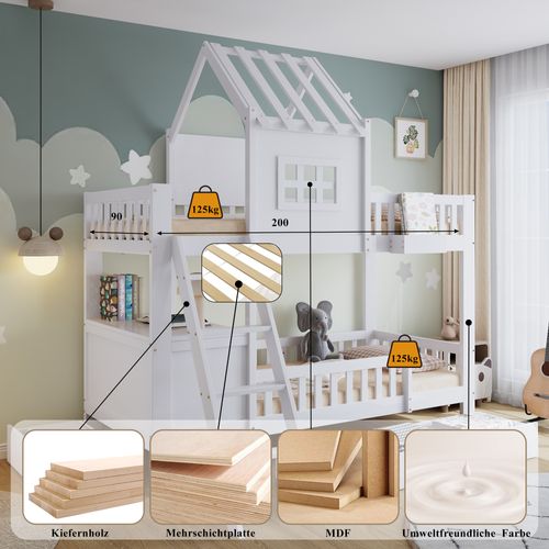 Lit Superposé Enfant 90x200 Cm Avec Toit, Fenêtres, 2 Tiroirs, Table De Lecture Et Panier – Blanc