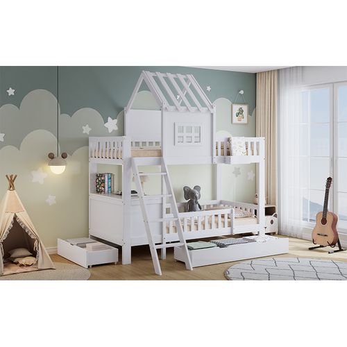 Lit Superposé Enfant 90x200 Cm Avec Toit, Fenêtres, 2 Tiroirs, Table De Lecture Et Panier – Blanc