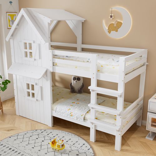 Lit Superposé Enfant 90x200 Cm Avec Toit, Fenêtres, Garde-corps Et Échelle Droite – Blanc
