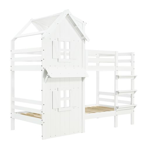 Lit Superposé Enfant 90x200 Cm Avec Toit, Fenêtres, Garde-corps Et Échelle Droite – Blanc