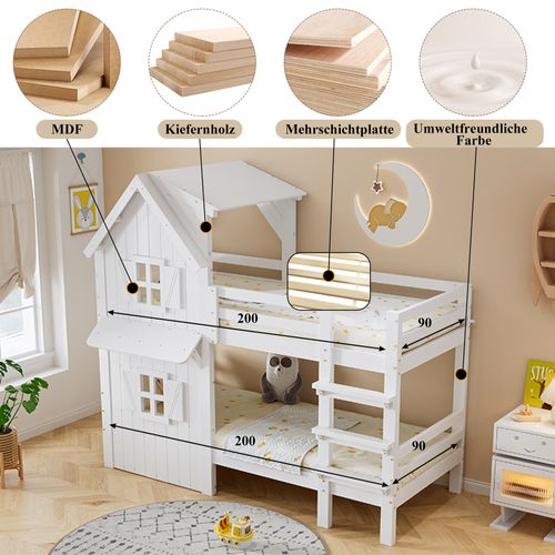 Lit Superposé Enfant 90x200 Cm Avec Toit, Fenêtres, Garde-corps Et Échelle Droite – Blanc