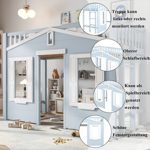 Lit Mezzanine Bleu 90x200 Cm Pour Enfant Avec Échelle Modulable Et Espace Aménageable