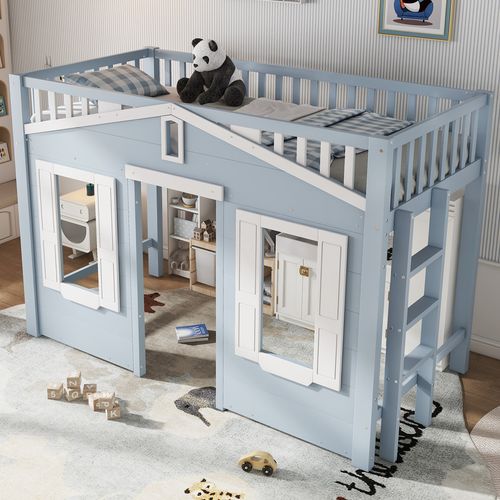 Lit Mezzanine Bleu 90x200 Cm Pour Enfant Avec Échelle Modulable Et Espace Aménageable