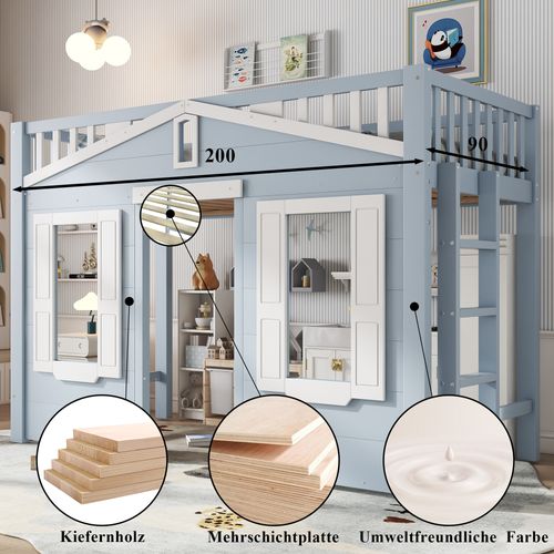 Lit Mezzanine Bleu 90x200 Cm Pour Enfant Avec Échelle Modulable Et Espace Aménageable