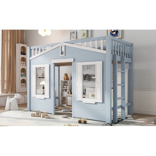 Lit Mezzanine Bleu 90x200 Cm Pour Enfant Avec Échelle Modulable Et Espace Aménageable