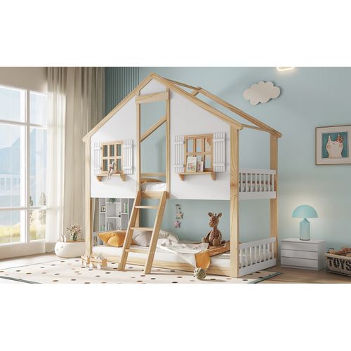 Lit Superposé Enfant 90x200 Cm Avec Fenêtres, Toit Et Échelle – Blanc et Naturel