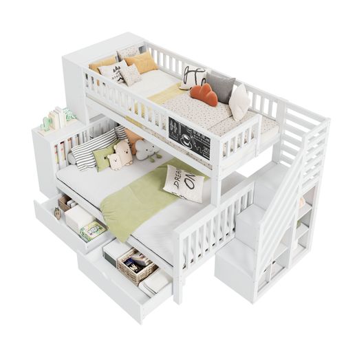 Lit Superposé Enfant Maison Avec Rangement Et Tableau – 140x200 et 90x200 Cm