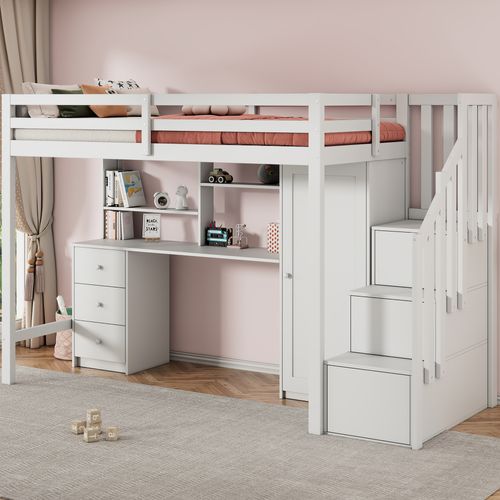 Lit Mezzanine Multifonction Enfant Avec Bureau, Armoire Et Tiroirs – 90x200 Cm