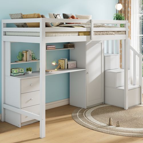 Lit Mezzanine Multifonction Enfant Avec Bureau, Armoire Et Tiroirs – 90x200 Cm