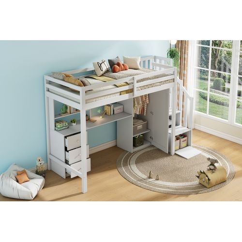 Lit Mezzanine Multifonction Enfant Avec Bureau, Armoire Et Tiroirs – 90x200 Cm