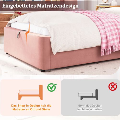 Lit Enfant 90x200 Cm En Velours Rose Avec Rangement Hydraulique