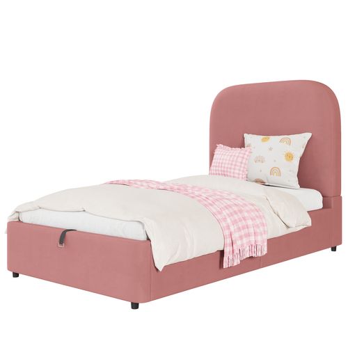 Lit Enfant 90x200 Cm En Velours Rose Avec Rangement Hydraulique
